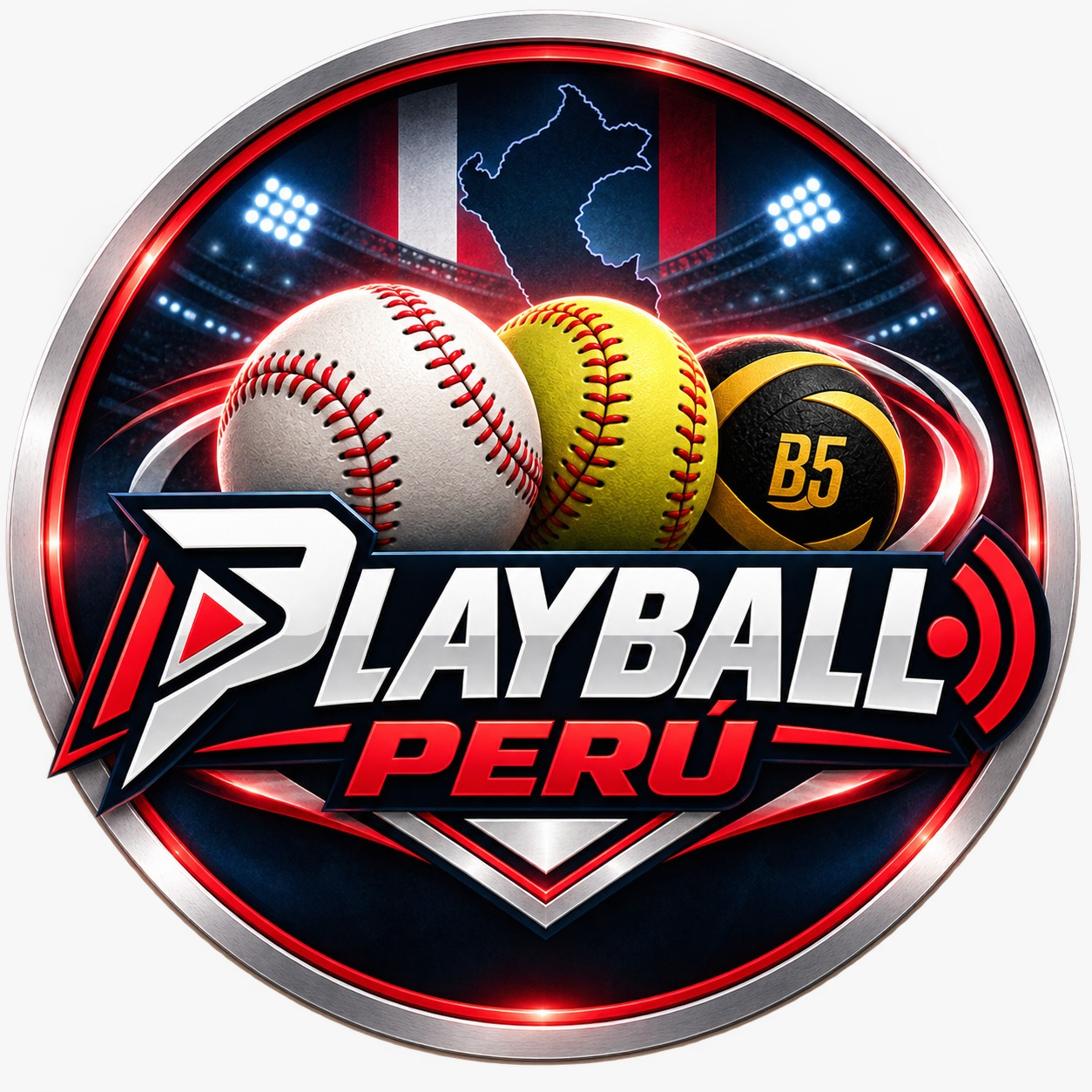 Logo de Playball Perú, con pelotas de béisbol, sóftbol y B5